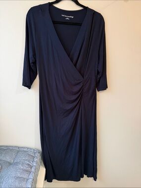 Soft Surroundings Navy Faux-Wrap Midi Dress side ruche 3/4 sleeve soft L wedding